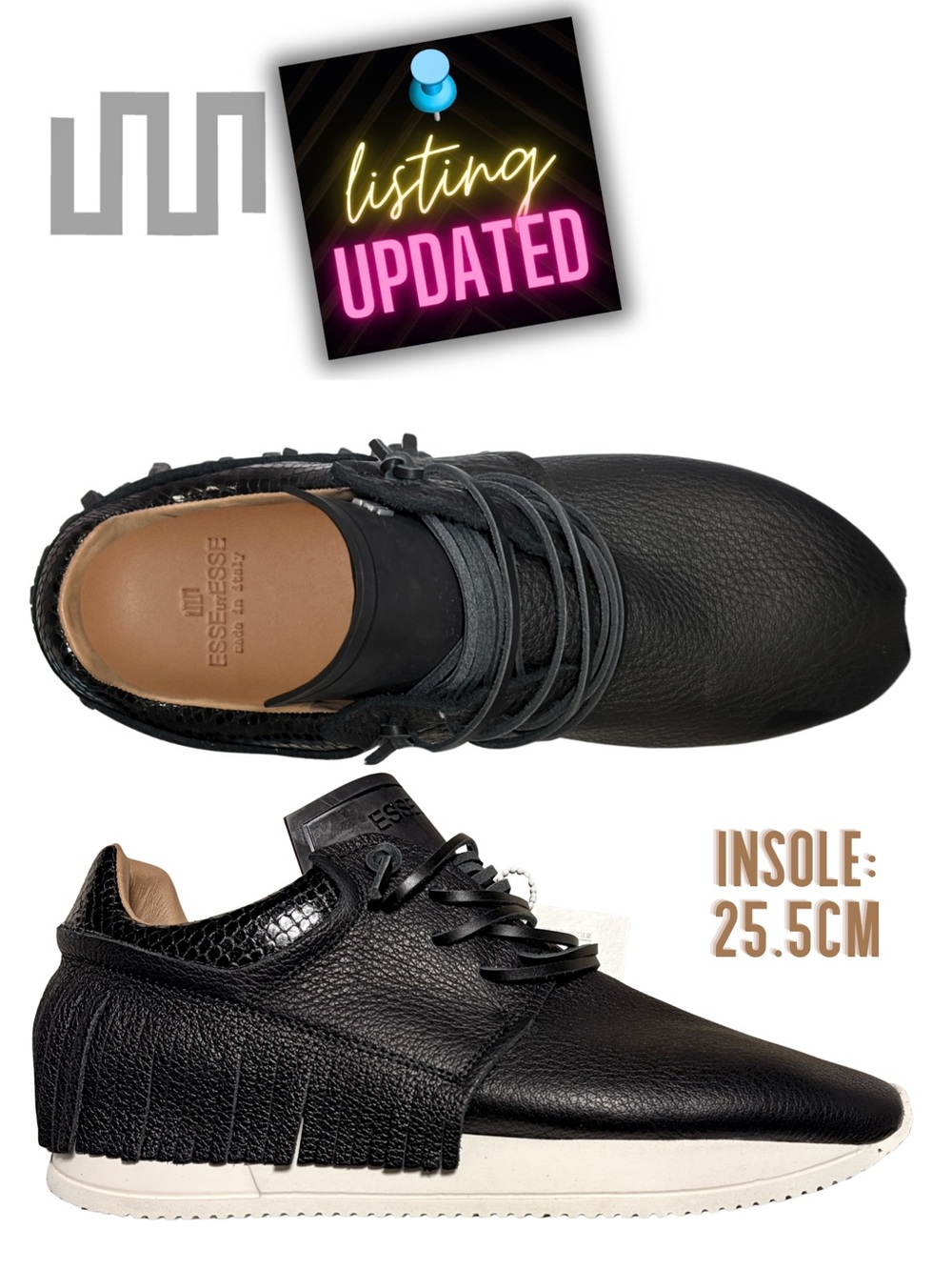 ESSEutESSE new Black Fringe Embossed Snakeskin Leather Lace Sneakers + Box